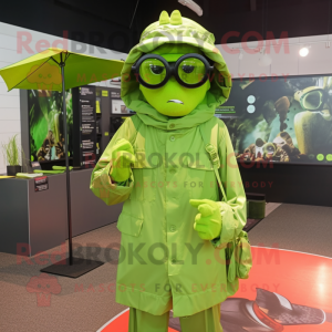 Lime Green Commando mascot costume character dressed with a Raincoat and Eyeglasses