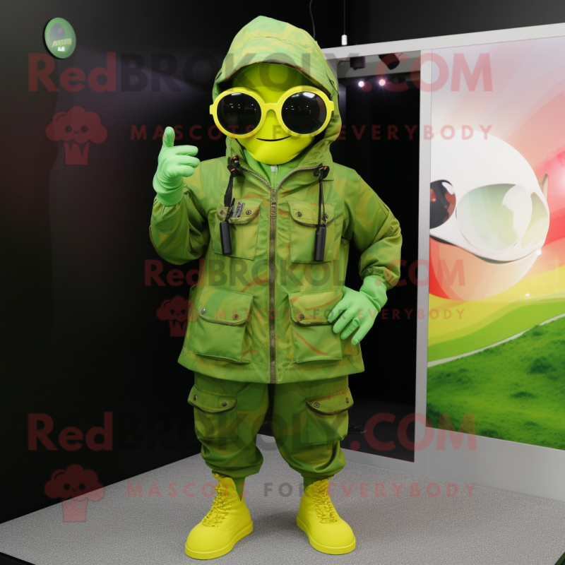 Lime Green Commando mascot costume character dressed with a Raincoat and Eyeglasses