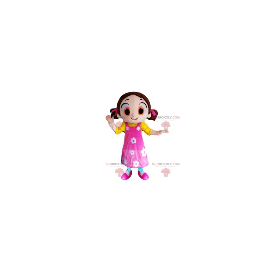 Flirtende lille pige maskot med en smuk lyserød kjole -
