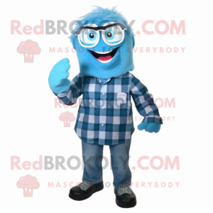 Blue Raspberry mascot costume character dressed with a Flannel Shirt and Eyeglasses