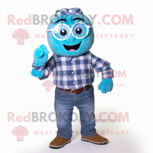 Blue Raspberry mascot costume character dressed with a Flannel Shirt and Eyeglasses