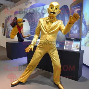 Gold Contortionist mascot costume character dressed with a Suit and Pocket squares