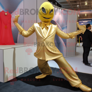 Gold Contortionist mascot costume character dressed with a Suit and Pocket squares