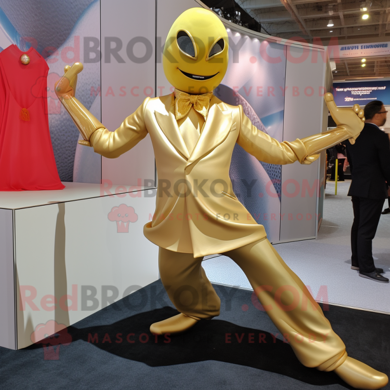 Gold Contortionist mascot costume character dressed with a Suit and Pocket squares Gold Contortionist mascot costume character dressed with a Suit and Pocket squares