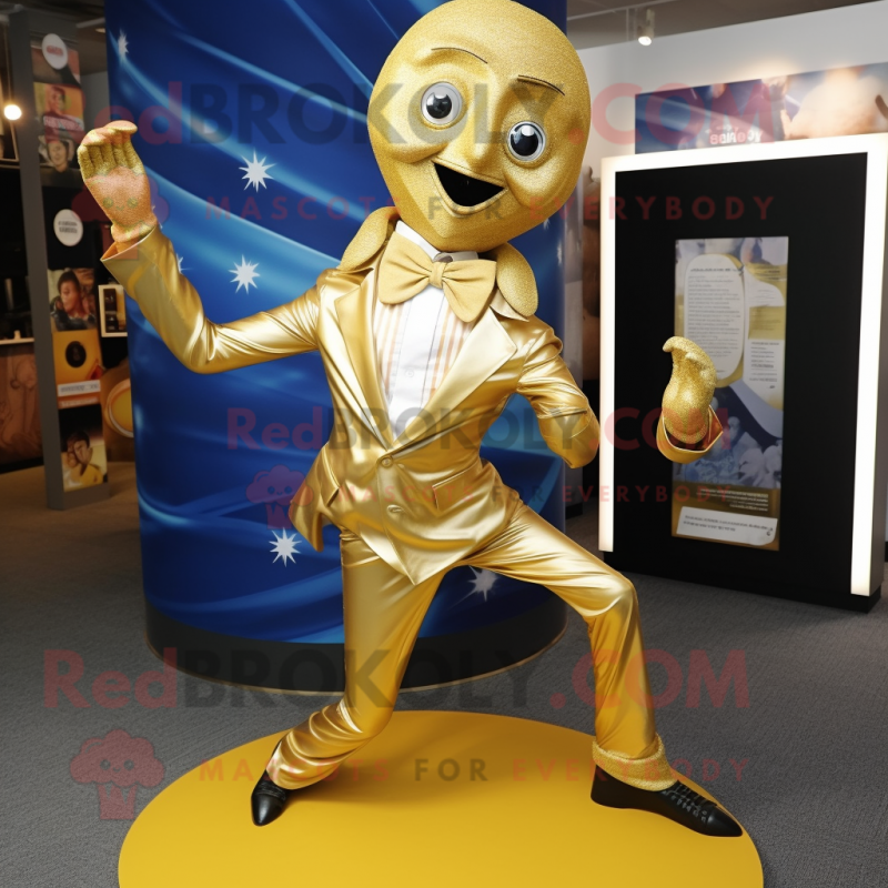 Gold Contortionist mascot costume character dressed with a Suit and Pocket squares