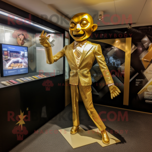 Gold Contortionist mascot costume character dressed with a Suit and Pocket squares