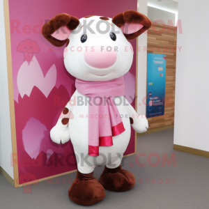 Pink Hereford Cow mascot costume character dressed with a Sweater and Scarves