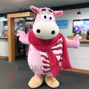 Pink Hereford Cow mascot costume character dressed with a Sweater and Scarves