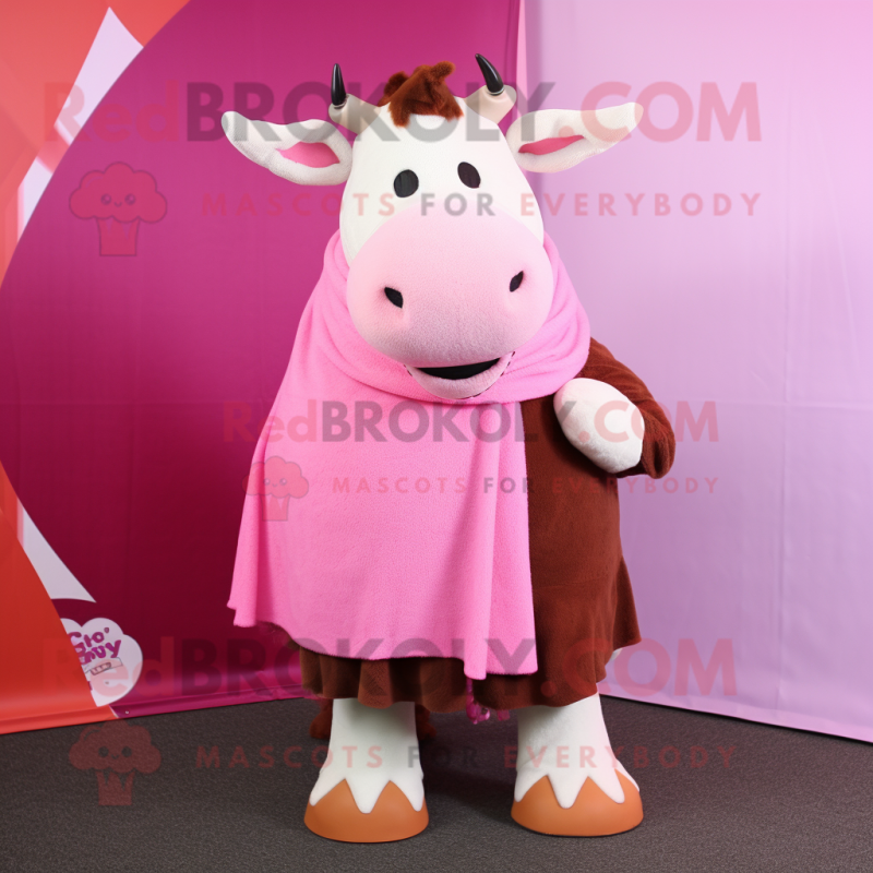 Pink Hereford Cow mascot costume character dressed with a Sweater and Scarves