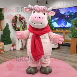 Pink Hereford Cow mascot costume character dressed with a Sweater and Scarves