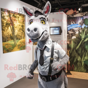 Silver Donkey mascot costume character dressed with a Vest and Suspenders