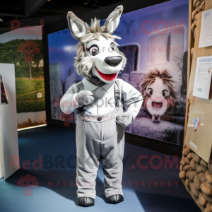 Silver Donkey mascot costume character dressed with a Vest and Suspenders