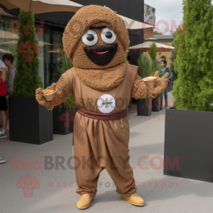 Brown Falafel mascot costume character dressed with a Jumpsuit and Necklaces