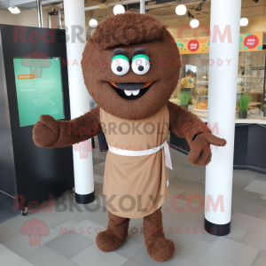 Brown Falafel mascot costume character dressed with a Jumpsuit and Necklaces
