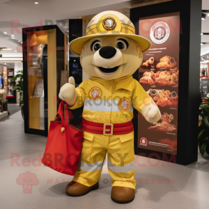 Gold Fire Fighter mascot costume character dressed with a Chinos and Tote bags