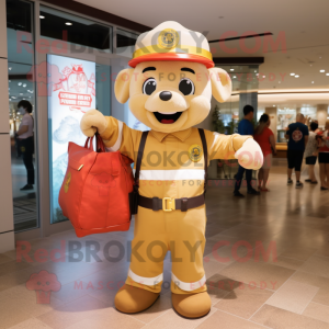 Gold Fire Fighter mascot costume character dressed with a Chinos and Tote bags
