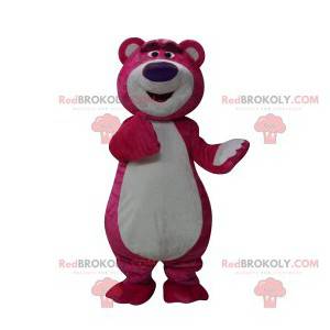 Mascotte d'ours fushia avec un gros museau violet -