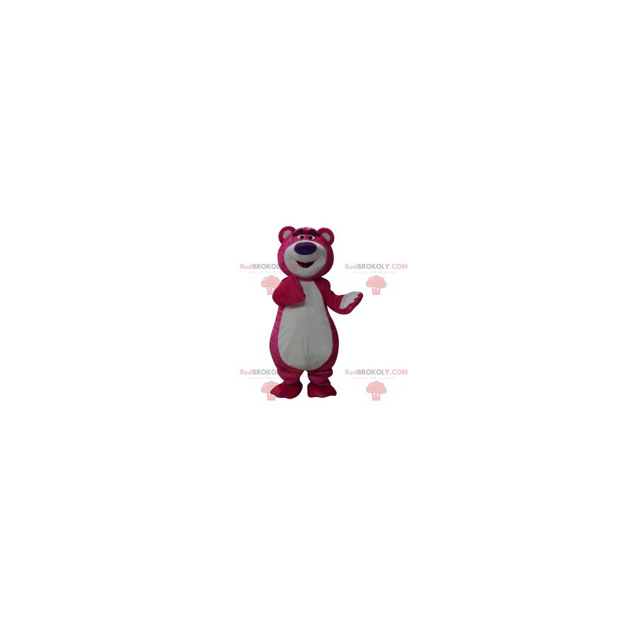 Mascotte d'ours fushia avec un gros museau violet -