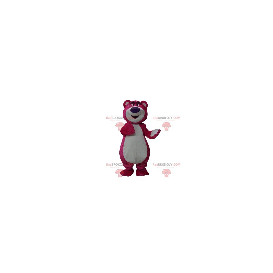 Urso mascote fúcsia com um grande focinho roxo - Redbrokoly.com
