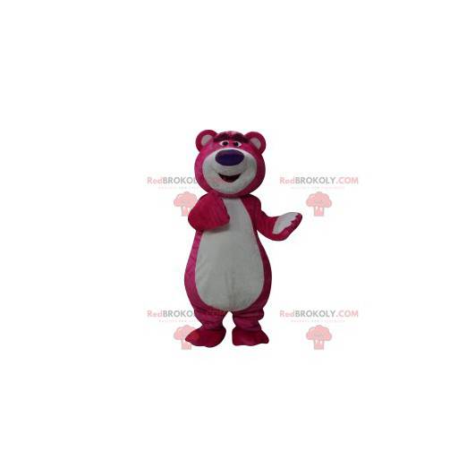 Mascotte d'ours fushia avec un gros museau violet -