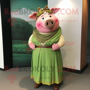 Olive Pig mascot costume character dressed with a Empire Waist Dress and Wraps