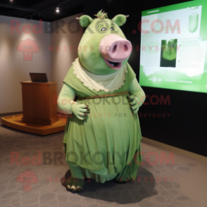 Olive Pig mascot costume character dressed with a Empire Waist Dress and Wraps