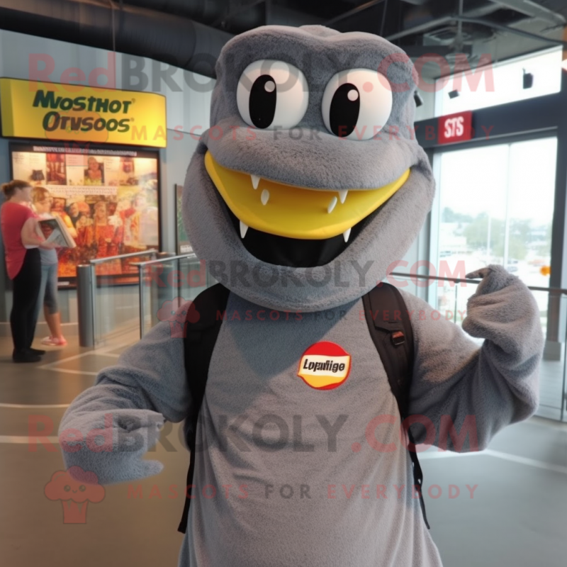 Gray Anaconda mascot costume character dressed with a Sweatshirt and Hat pins Gray Anaconda mascot costume character dressed with a Sweatshirt and Hat pins