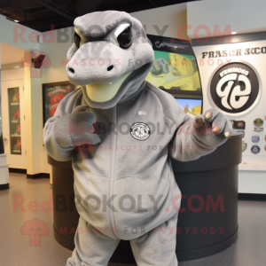 Gray Anaconda mascot costume character dressed with a Sweatshirt and Hat pins