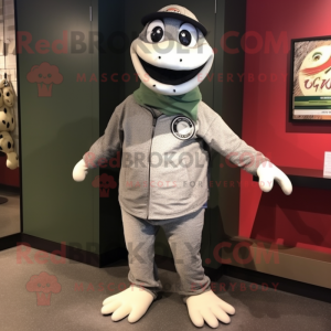 Gray Anaconda mascot costume character dressed with a Sweatshirt and Hat pins