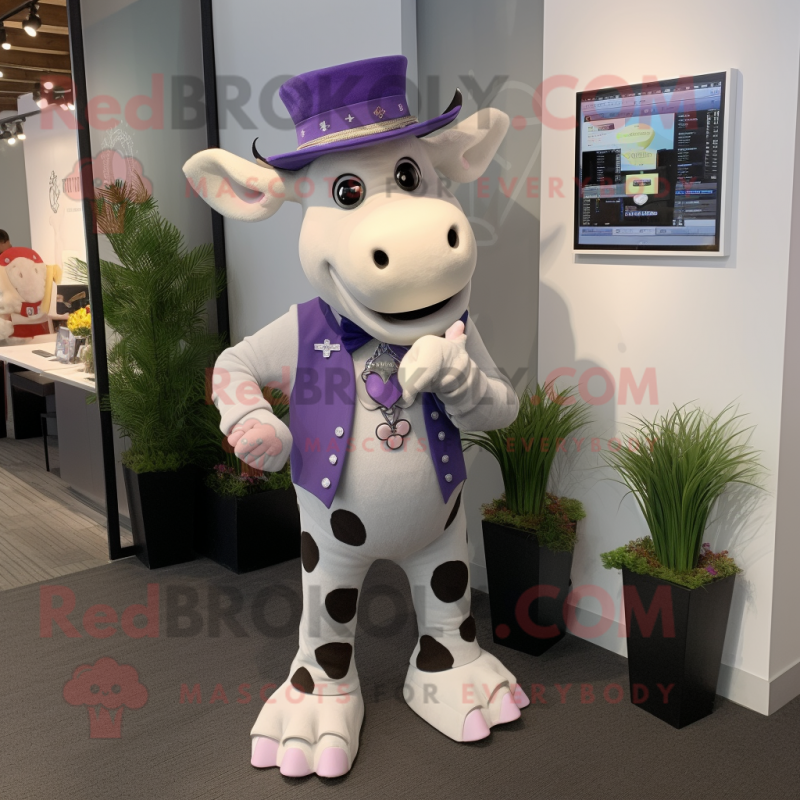 Lavender Hereford Cow mascot costume character dressed with a Suit Pants and Bracelet watches