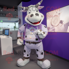 Lavender Hereford Cow mascot costume character dressed with a Suit Pants and Bracelet watches