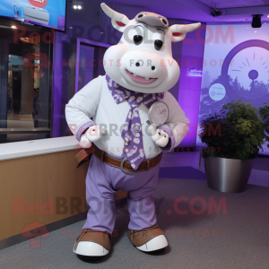 Lavender Hereford Cow mascot costume character dressed with a Suit Pants and Bracelet watches