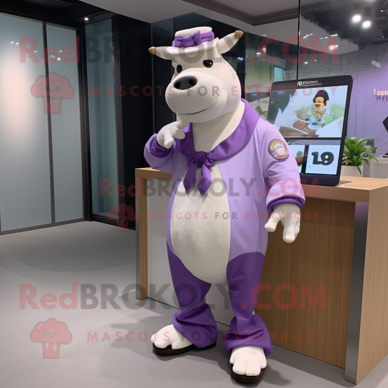 Lavender Hereford Cow mascot costume character dressed with a Suit Pants and Bracelet watches