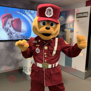 Maroon American Soldier mascot costume character dressed with a Windbreaker and Brooches