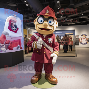 Maroon American Soldier mascot costume character dressed with a Windbreaker and Brooches