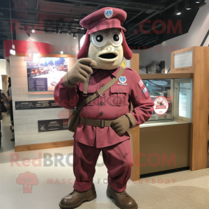 Maroon American Soldier mascot costume character dressed with a Windbreaker and Brooches