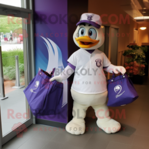 Lavender Swan mascot costume character dressed with a Baseball Tee and Tote bags