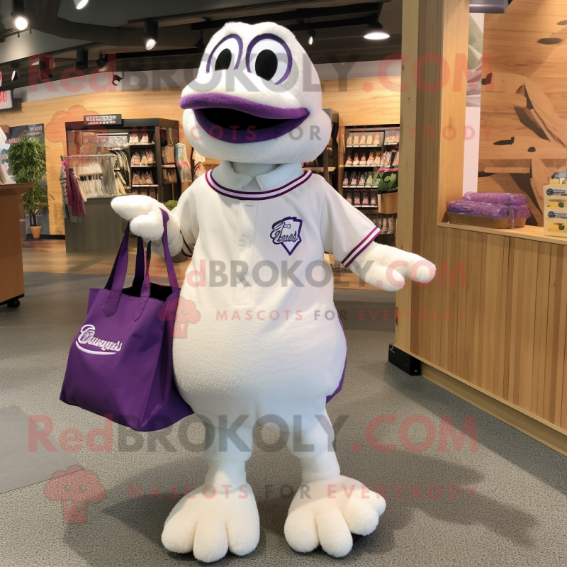 Lavender Swan mascot costume character dressed with a Baseball Tee and Tote bags Lavender Swan mascot costume character dressed with a Baseball Tee and Tote bags