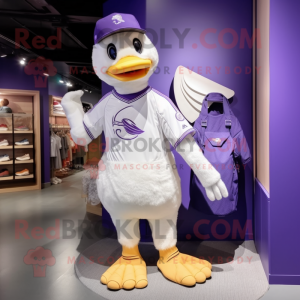 Lavender Swan mascot costume character dressed with a Baseball Tee and Tote bags