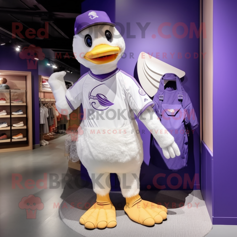Lavender Swan mascot costume character dressed with a Baseball Tee and Tote bags Lavender Swan mascot costume character dressed with a Baseball Tee and Tote bags