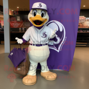 Lavender Swan mascot costume character dressed with a Baseball Tee and Tote bags