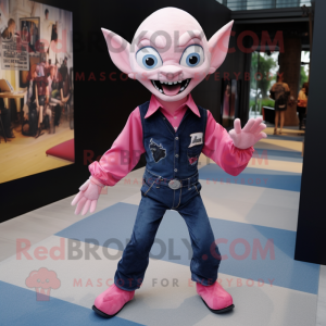 Pink Vampire mascot costume character dressed with a Denim Shirt and Pocket squares