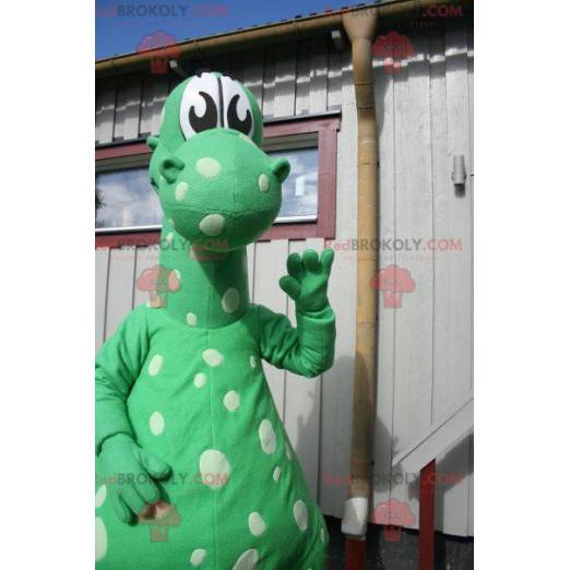 Mascotte drago dinosauro verde con punti bianchi -