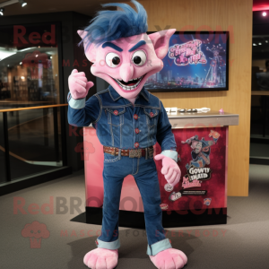 Pink Vampire mascot costume character dressed with a Denim Shirt and Pocket squares