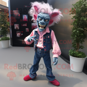 Pink Vampire mascot costume character dressed with a Denim Shirt and Pocket squares