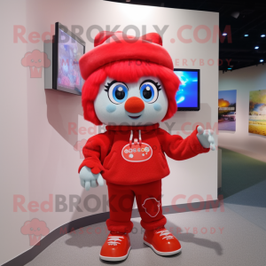 Red Pendant mascot costume character dressed with a Sweater and Hair clips