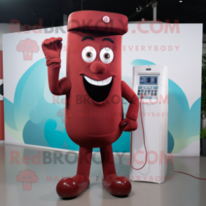 Maroon Phone mascot costume character dressed with a Bootcut Jeans and Rings