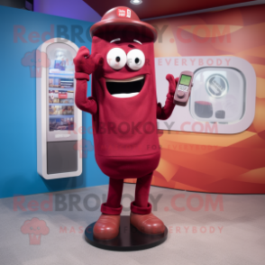 Maroon Phone mascot costume character dressed with a Bootcut Jeans and Rings
