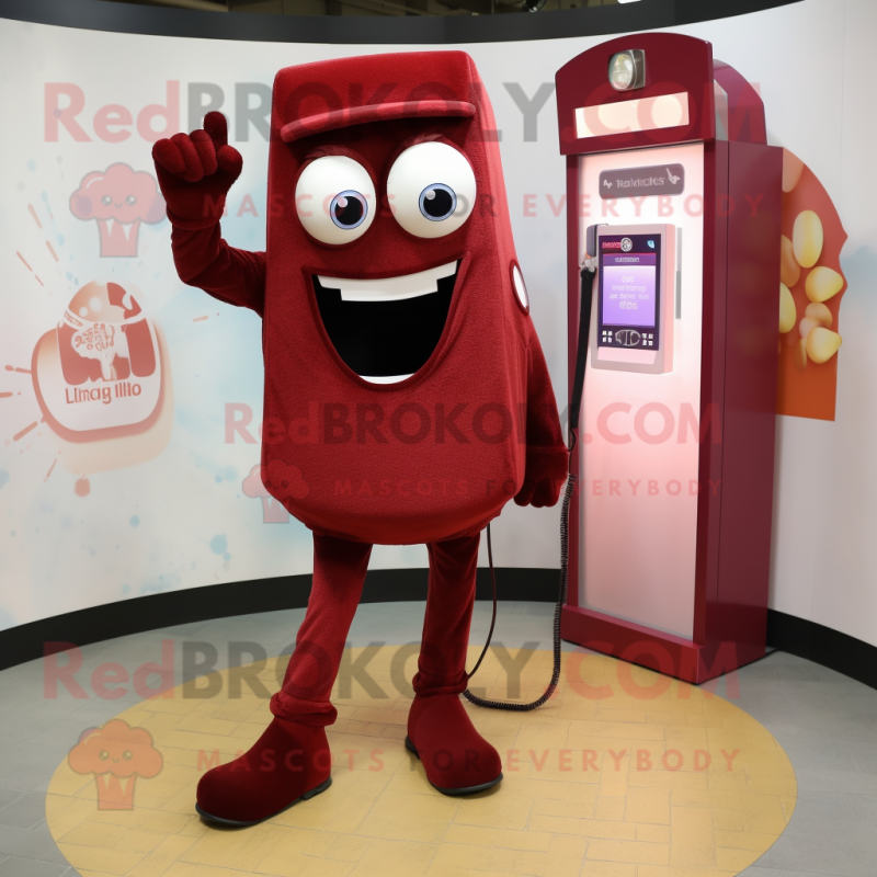 Maroon Phone mascot costume character dressed with a Bootcut Jeans and Rings Maroon Phone mascot costume character dressed with a Bootcut Jeans and Rings