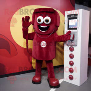 Maroon Phone mascot costume character dressed with a Bootcut Jeans and Rings